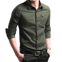 Chemise Homme en coton (S-XXL) Manches Longues  Repassage Facile Classique Fit Casual Taille standard  Printemps--Vert militaire