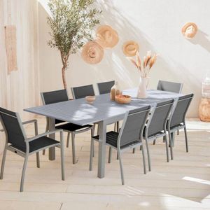 Ensemble table et chaise de jardin Salon de jardin table extensible - Chicago Gris - Table en aluminium 175/245cm avec rallonge et 8 assises en textilène
