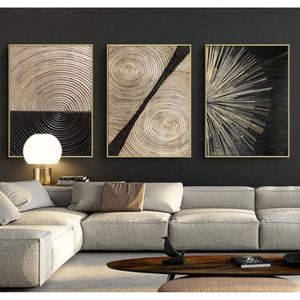 3 Panneaux Abstraits Peintures sur Toile Dorée - Grandes Tailles