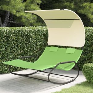 CHAISE LONGUE BETTEVE - Chaise longue double à bascule avec auvent Vert et crème STYLE3