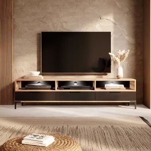 MEUBLE TV Meuble tv - RIKKE - 160 cm - chêne wotan / noir brillant - avec LED à piles