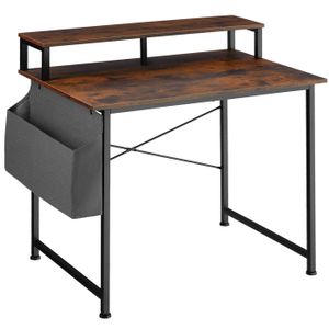 BUREAU  TECTAKE Table de bureau THORNTON avec étagère de rangement et poche en tissu - Bois Foncé Industriel