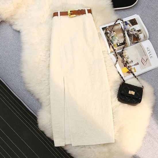 Jupes en velours ctel taille haute pour femmes avec ceinture,droite ...