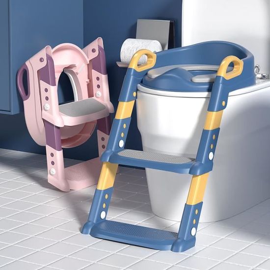 YUENFONG Abattant WC pour toilette Enfants avec Escaliers Réglables,  reducteur wc enfant Pliable pour Pot avec Coussin en PU, Hauteur Réglable  38-42