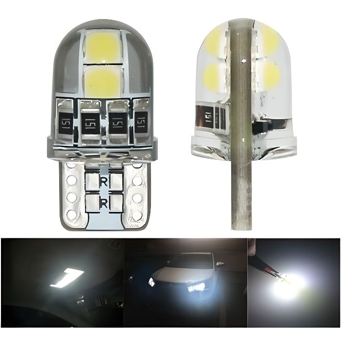 Ampoule T10 LED W5W Veilleuse Blanche 6000K Canbus Gel lampe 4 smd Voiture
