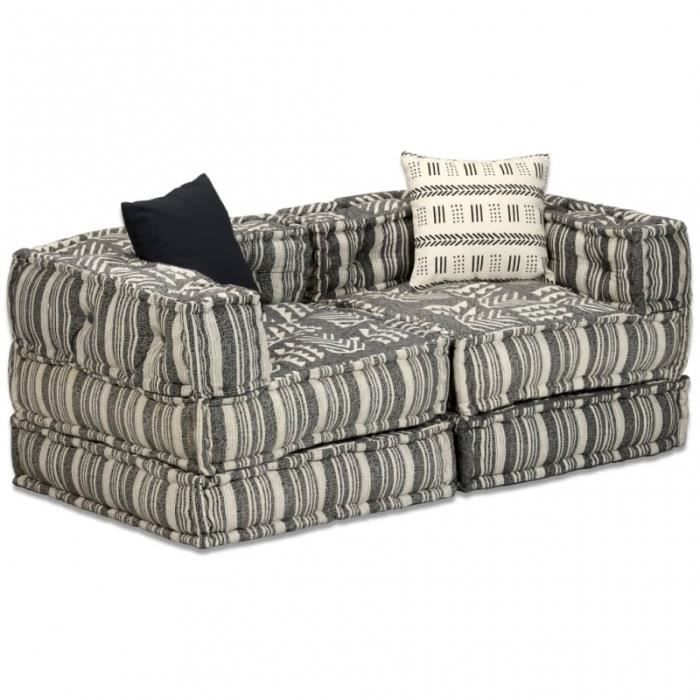 Canapé 2 places modulable + coussins en tissu rayé gris/crème L.140CM CS2449781