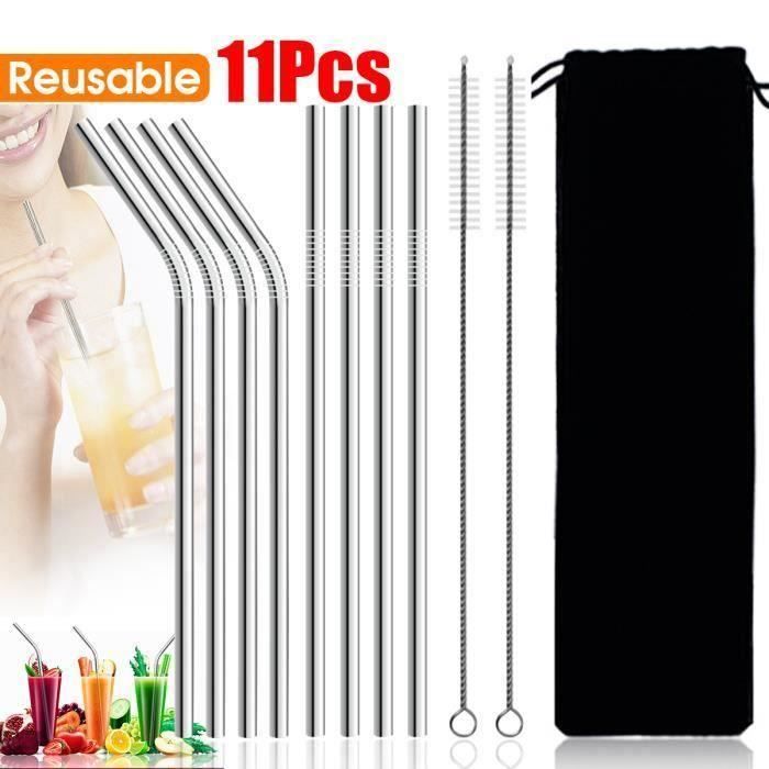 Pailles acier inoxydable Argent, 4 Pailles courbée + 4 Pailles droites + 2 Goupillons + 1 Pochette co12661