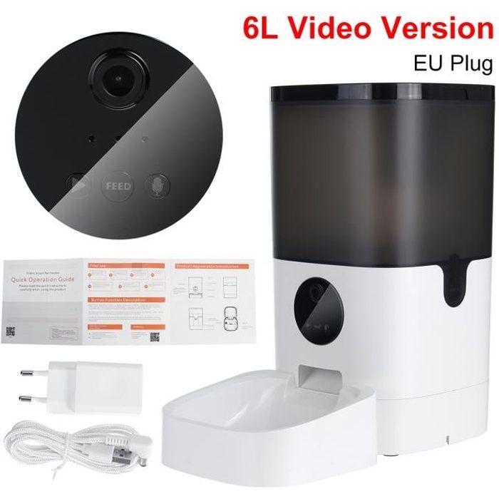 6L WIFI Caméra Vidéo Automatique Distributeur Croquettes Aliment Nourriture Chien Chat Enregistrement Gamelle APP Contrôle EU prise