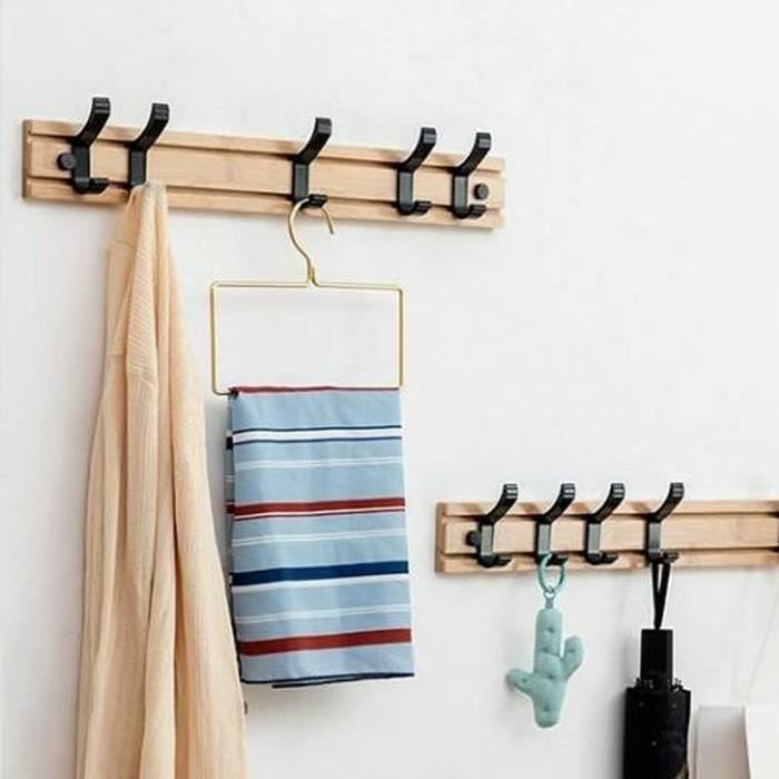 Porte-Manteau /Patère Mural en Bambou avec 5 Crochets Mobile - Fixé/Collé au Mur - 50cm