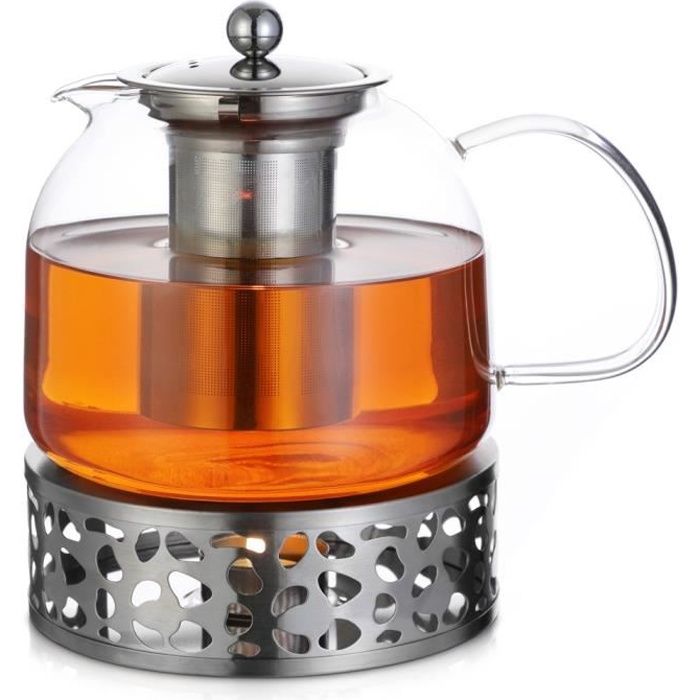 Théière en verre borosilicate 1,5 L avec réchaud Filtre en acier inoxydable pour tout type de thé Boissons chaudes froides