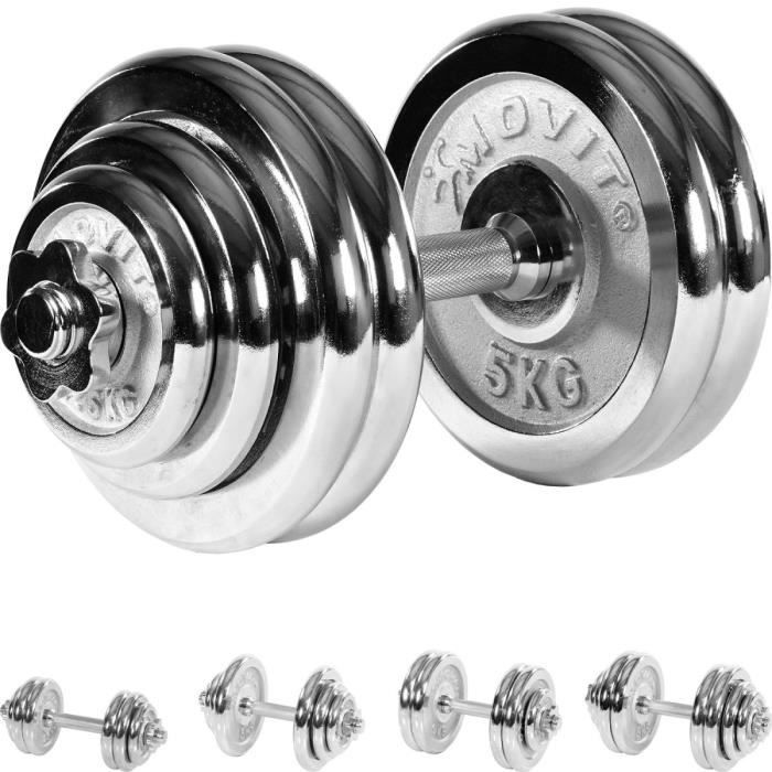 MOVIT Set d'haltères avec Barre courte et poids chromés 30 kg avec vis de serrage