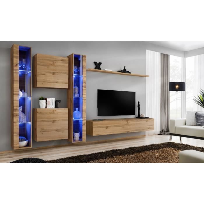 Ensemble meuble salon mural SWITCH XVI design, coloris chêne Wotan. 40 Marron