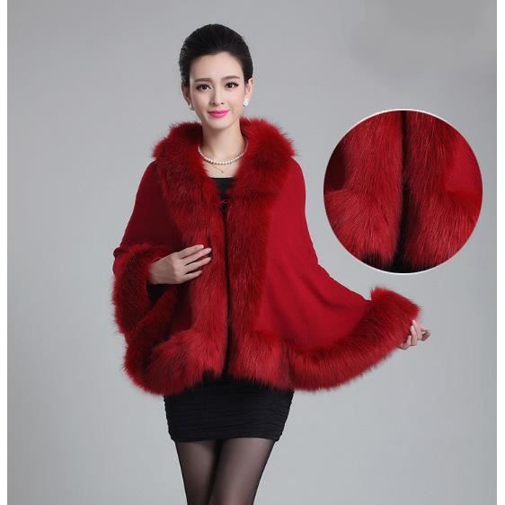 Châle Manteau Femme Chaud Hiver Cape en Fausse Fourrure Cachemire Pardessus Élégant Poncho écharpe fête Foulard Outwear vin rouge