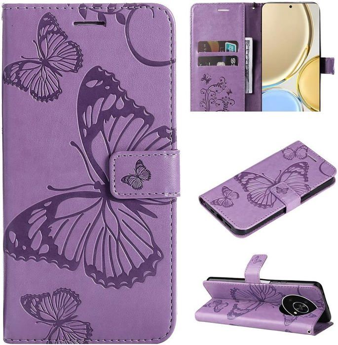 Étui Portefeuille Avizar Fleur Papillon Pour Honor 400 Lite - Similicuir Rose Avec Dragonne Violette