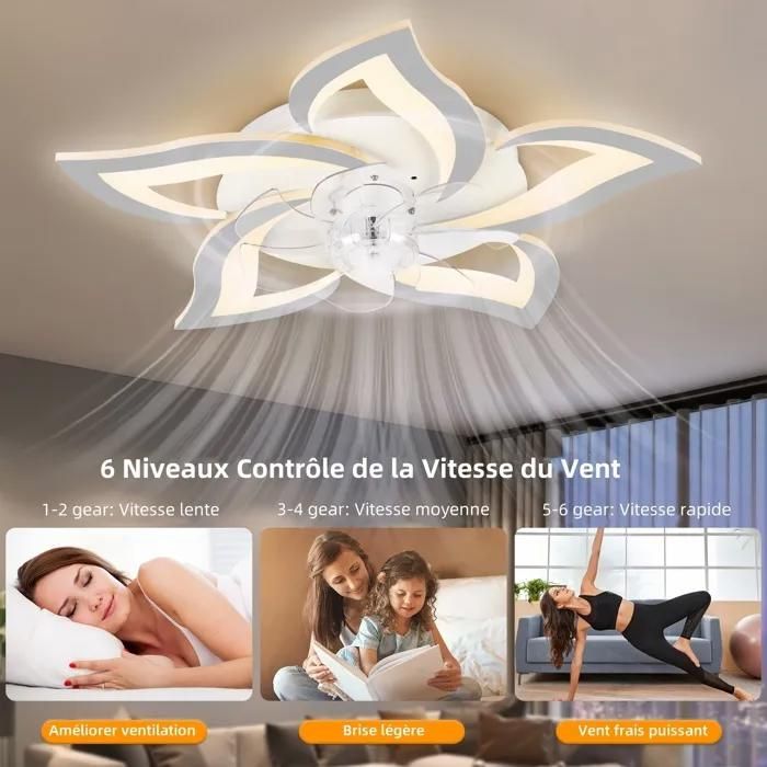 Ventilateur de plafond 6 Vitesse Fan silencieux avec lumière Dimmable Suspension avec télécommande et APP 3 Couleurs 69cm-Blanc - Uverbon