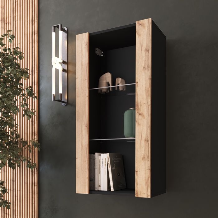 Vitrine Murale Komodee TIVOLI - sans LED - Bois naturel et Noir - Facades en Mat - 50 x 100 x 29 cm
