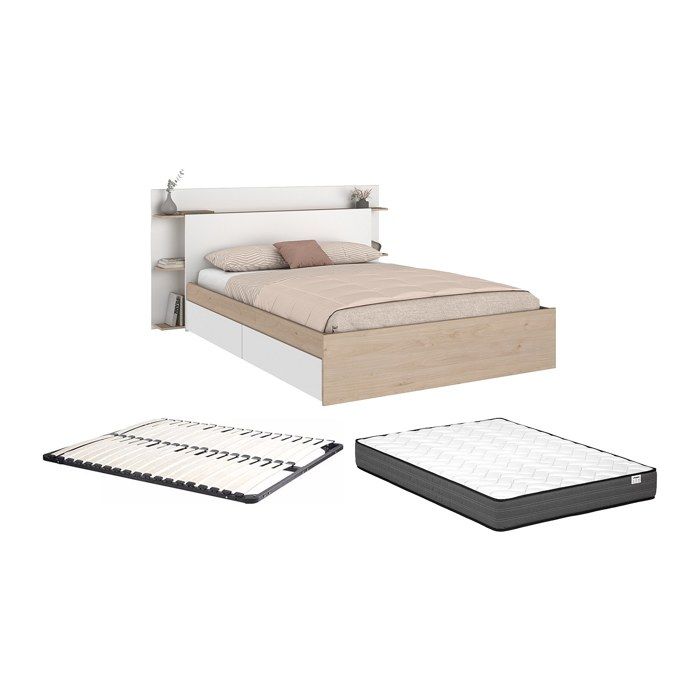 Lit 140 x 190/200 cm avec 4 tiroirs - Coloris : Naturel et blanc + Sommier + Matelas - TILONIDE