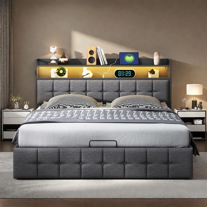 Lit 160x200 cm avec sommier à lattes et LED Lit coffre 160x200 cm Hydraulique rangement Lit double en lin 2 personnes Gris