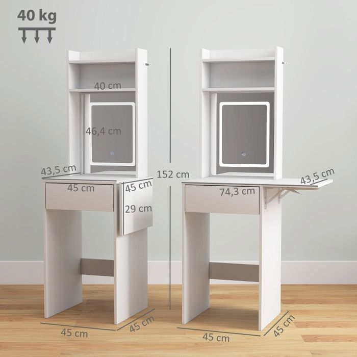 Table de maquillage compacte avec miroir et éclairage LED table pliante étagères ouvertes tiroir MDF blanc