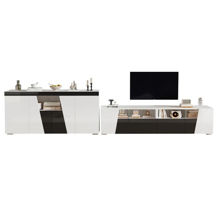 Ensemble Meuble TV avec buffet combiné laqué brillant éclairage LED noir et blanc 180x38.5x45cm et 140x40x65cm Ensemble Meuble TV avec buffet combiné laqué brillant éclairage LED noir et blanc 180x38.5x45cm et 140x40x65cm
