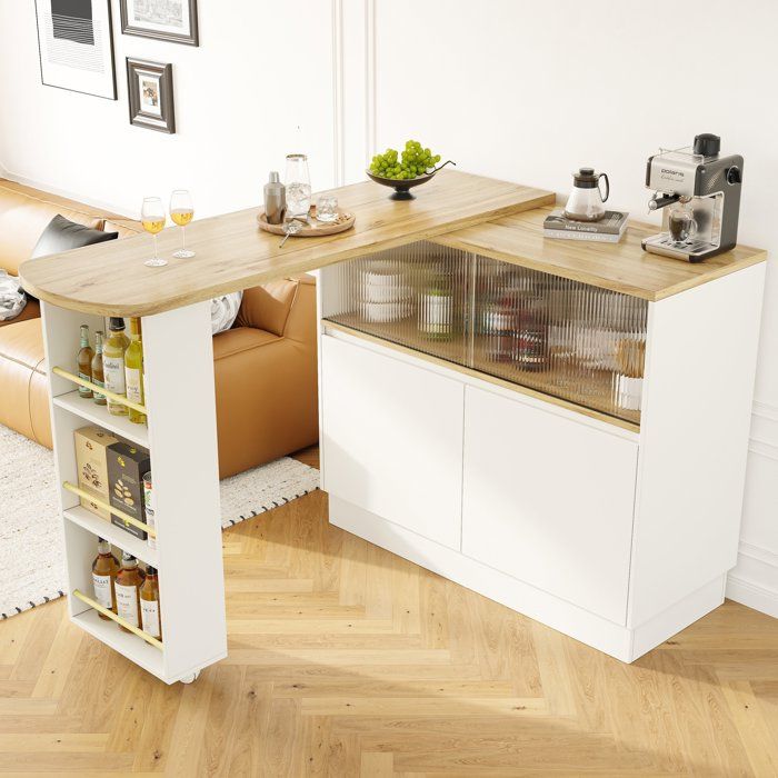 Merax Buffet de Cuisine - Design Blanc et bois naturel - Table de Bar Mobile Rotatif à 360° avec Rangement - Portes en Verre Merax Buffet de Cuisine - Design Blanc et bois naturel - Table de Bar Mobile Rotatif à 360° avec Rangement - Portes en Verre