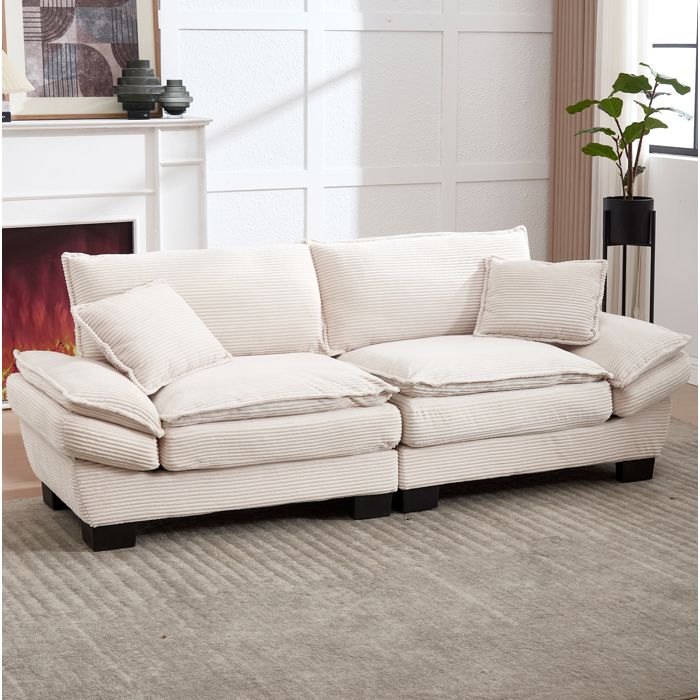 Canapé droit 2 places 224×81×81 cm. avec 1 coussins. meuble de salon. velours. beige