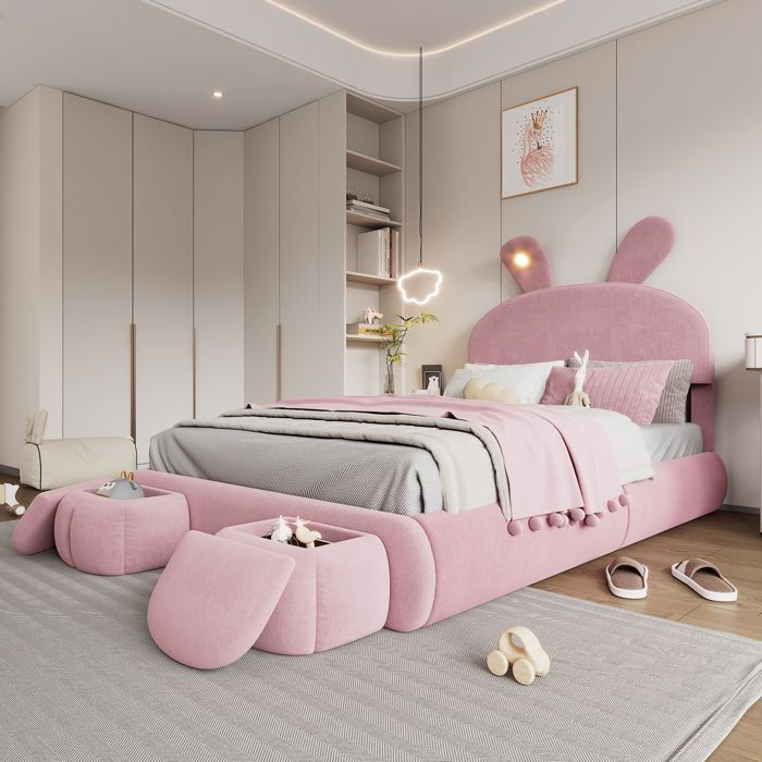 Lit coffre 140x200 cm en velours rose avec tête de lit oreilles de lapin LED sommier relevable hydraulique et 2 poufs de rangement