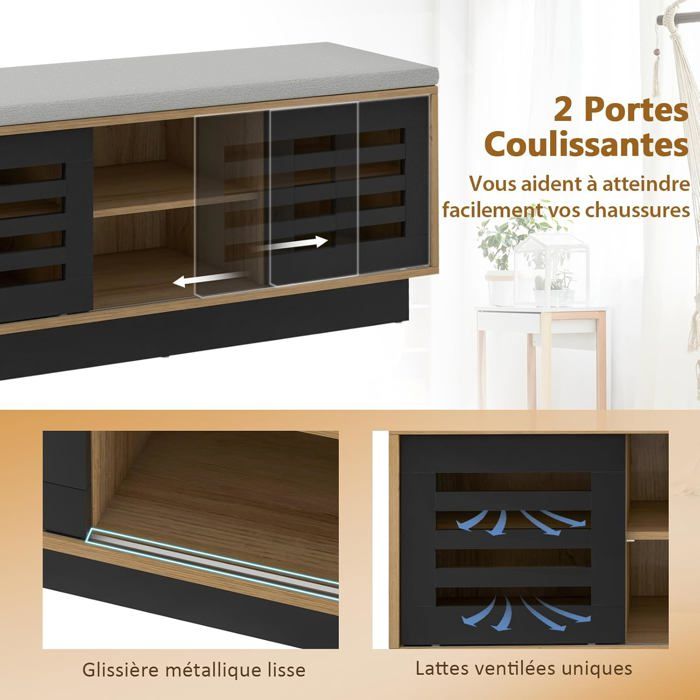 GIANTEX Meuble à Chaussures 6 Compartiments et 2 Portes Coulissantes-Étagères Ajustables à 3 Niveaux-Conception à Lattes Gris