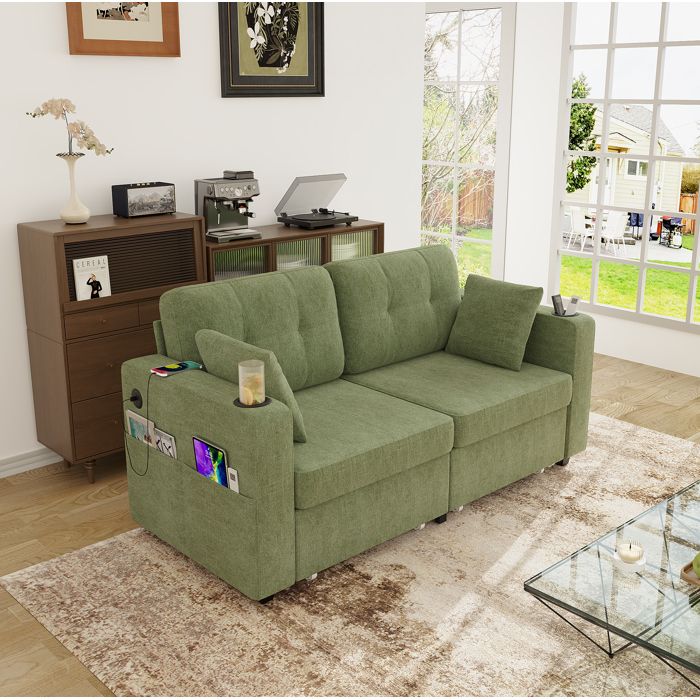 Canapé 2 places  en chenille vert olive avec 2 tiroirs de rangement ports USB