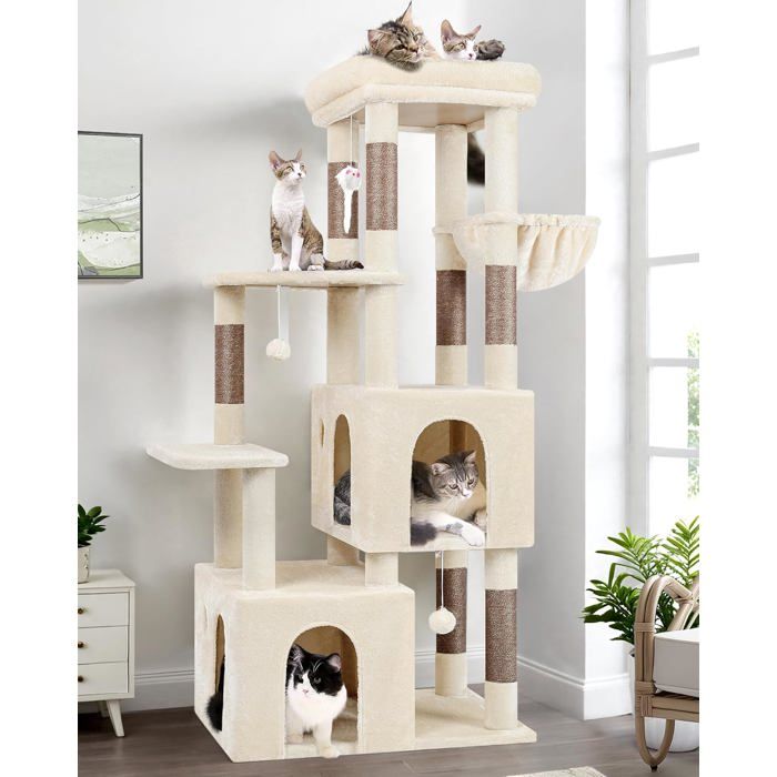 Meilleurs prix pour Arbre à chat beige - JOZSI - 156 cm de hauteur - 2 grandes niches 45x40x35 cm - Plateforme rembourrée 45x40 cm