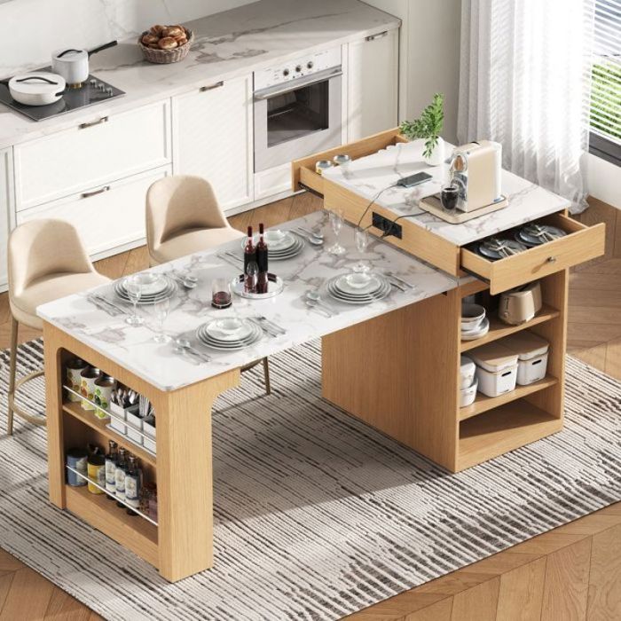 Console Extensible Table à Manger 80x71/111/151x92cm avec Prises Rangement Intelligent Plateau Marbre Blanc Desig ILOT CENTRAL