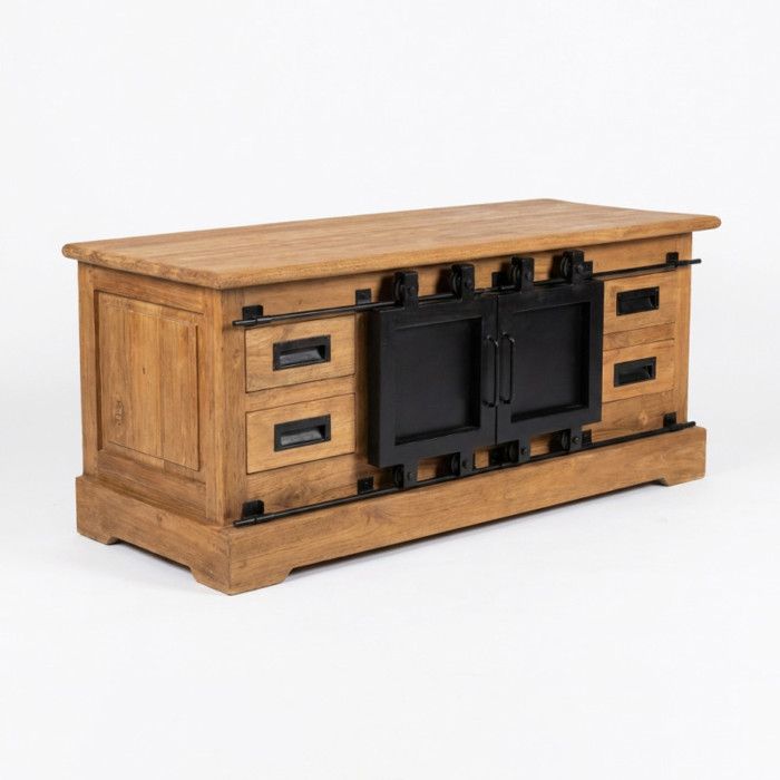 Meuble TV L. 110 cm en bois de teck massif et métal noir – EDWARDS Meubletmoi Meuble TV L. 110 cm en bois de teck massif et métal noir – EDWARDS Meubletmoi
