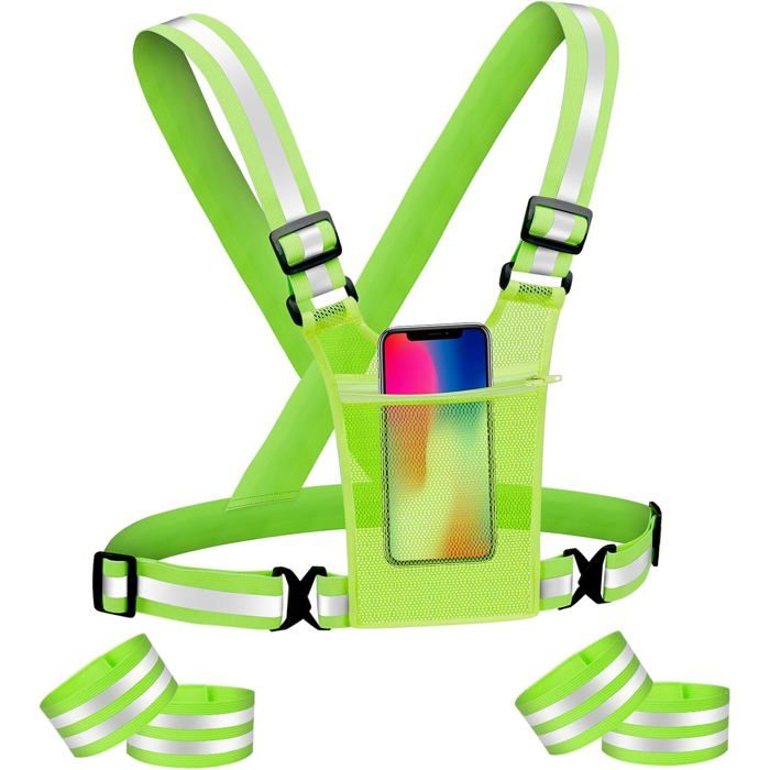 Gilet de sécurité réfléchissant + 4 bracelets réfléchissants réglable vert pour course vélo marche extérieure travail de nuit