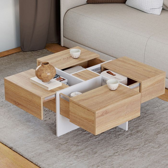 Table basse carrée TALIA 70 cm avec tiroirs bois et blanc