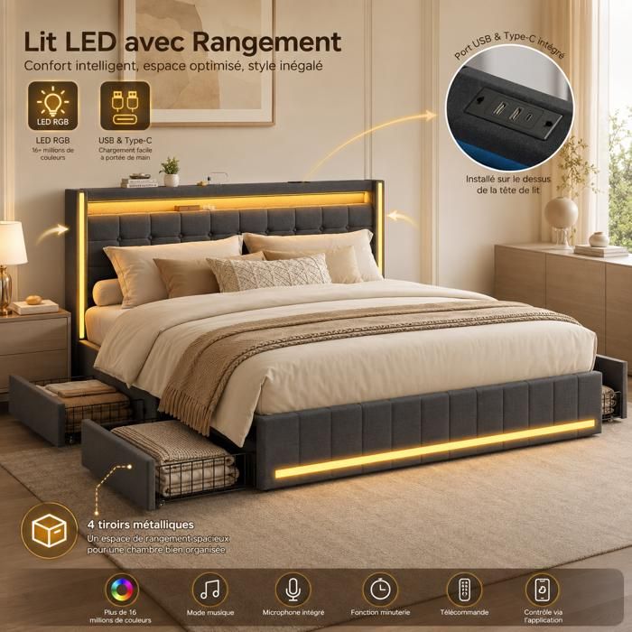 Lit double 160 x 200 cm avec Sommier - Lit capitonné avec multiprise et eclairage LED réglable - 4 tiroirs - Tissu en lin gris foncé
