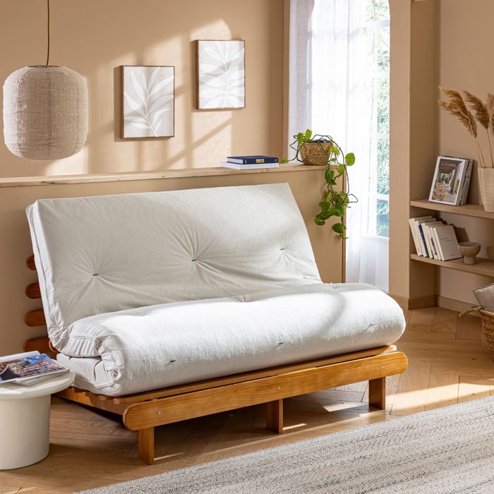 Matelas futon 90x190 cm latex ferme tissu velours côtelé Ecru - Terre de Nuit