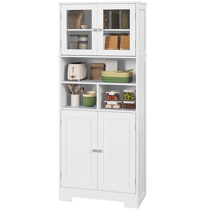 LIA Credenza Cucina avec 2 Armoires et 3 Compartiments Ouverts Portes en Verre et Étagères Réglables 60x30x145.5 cm Blanc