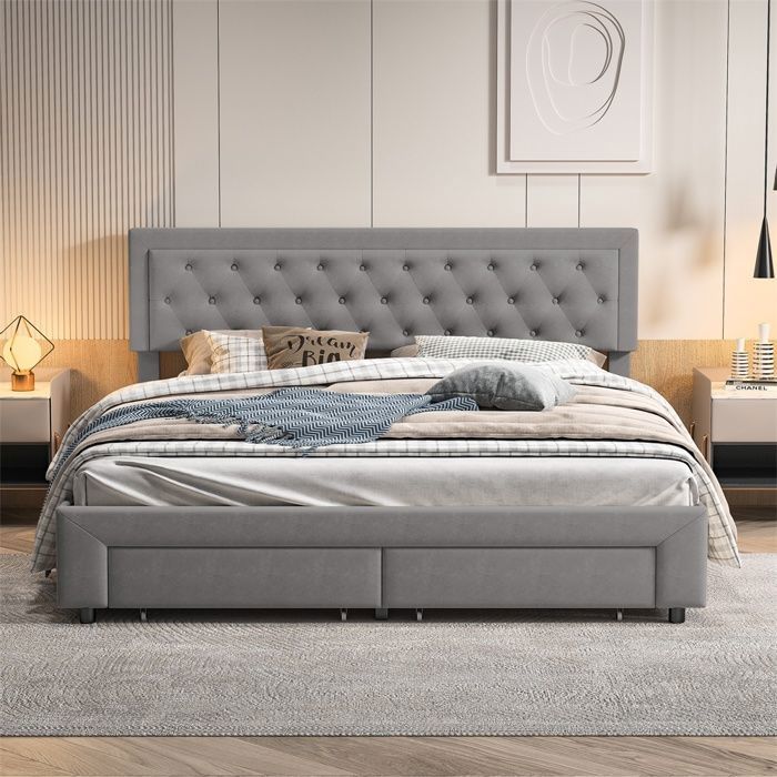 Lit coffre 180x200 cm - Lit double 180 x 200 cm avec tiroirs et rangement - Sans matelas - Gris