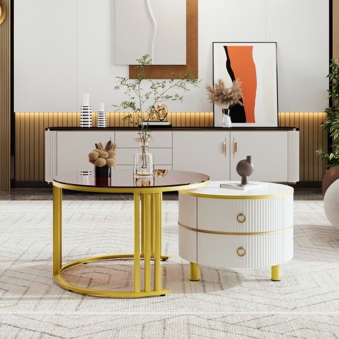 Table basse - MINIMAL - 2in1 - Rond laqué blanc & verre trempé - 2 tiroirs - Convertible 70x70/50x50 cm Table basse - MINIMAL - 2in1 - Rond laqué blanc & verre trempé - 2 tiroirs - Convertible 70x70/50x50 cm