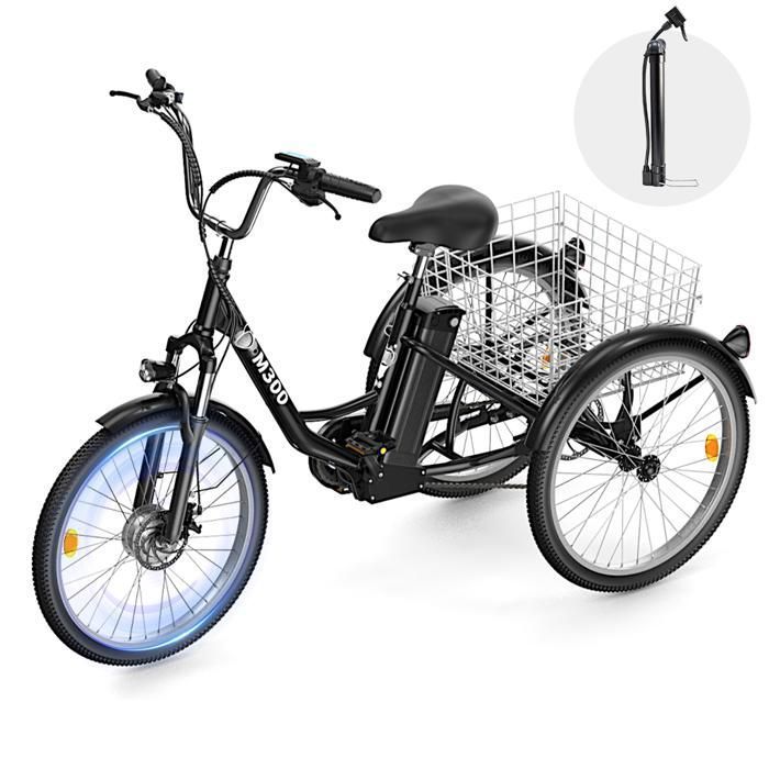 Tricycle électrique adulte 24 M300 - 3 roues - Moteur 250W - Batterie 36V 18Ah - Autonomie 50 km - 7 vitesses - Port USB