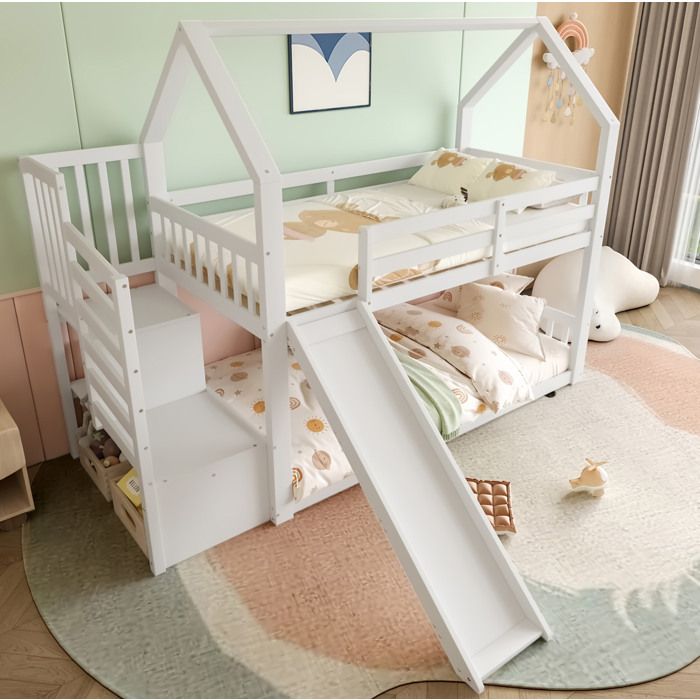 Lit Superposé cabane 90x200 cm Lit Enfant Escalier de Rangement Toboggan et Barrière 1 Sommier à Lattes Blanc