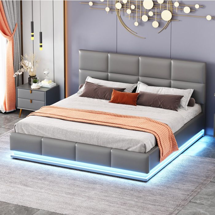 lit capitonné 160 x 200 cm SENVIRO tête haute LED coffre de rangement gris