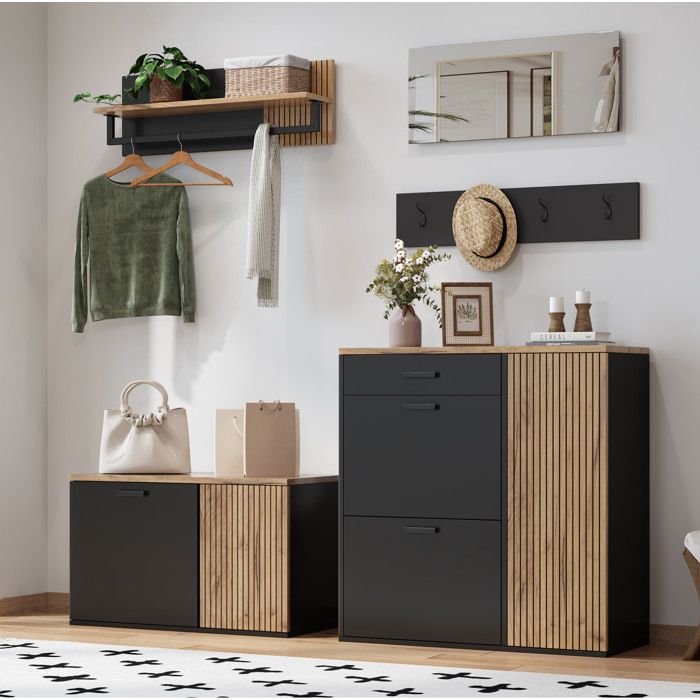 Meuble à chaussures vestiaire dentrée 5 pièces avec miroirbanc à chaussurescrochets et rangementsbois naturelnoir