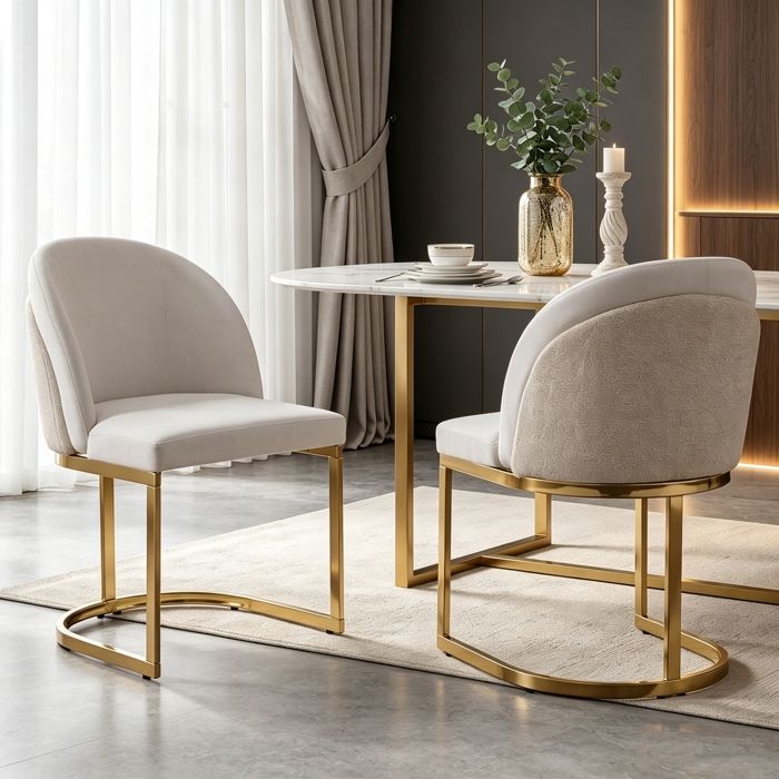 Lot de 2 Chaises de Salle à Manger Modernes Chaises de Cuisine RembourréesPieds de Chaise Galvanisés DorésTissu ChenilleBeige+Or