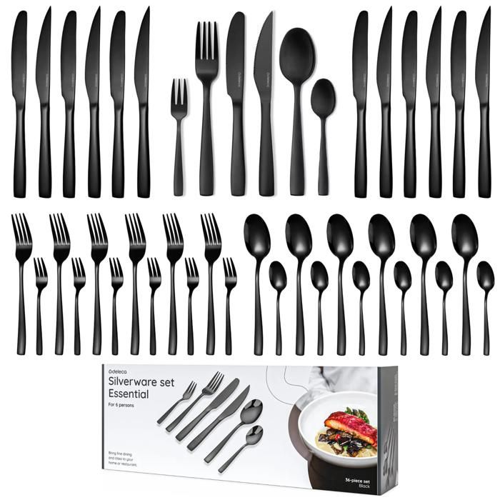 Deleca Ménagère Essential 36 Pièces 6 Personnes - Couverts Inox Noir Brillant Lave-Vaisselle