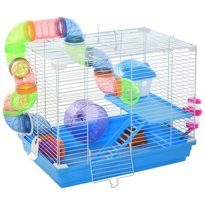 Cage à hamster rongeur 2 niveaux avec tunnel biberon eau roue maisonnette échelles dim. 46L x 30l x 37H cm