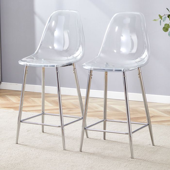 Tabourets de bar transparents - Pack de 2 - Design moderne - Cadre métallique argent - Siège en plastique transparent
