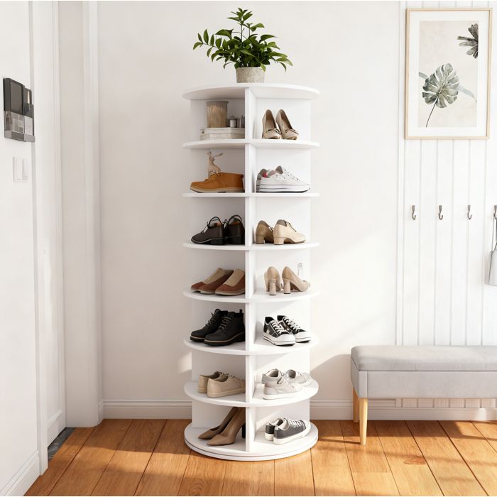 JOINERY meuble à chaussures tour rotative gain de place 360 7 niveaux 28 paires PVC blanc 60 x 60 x 161 cm sur pied