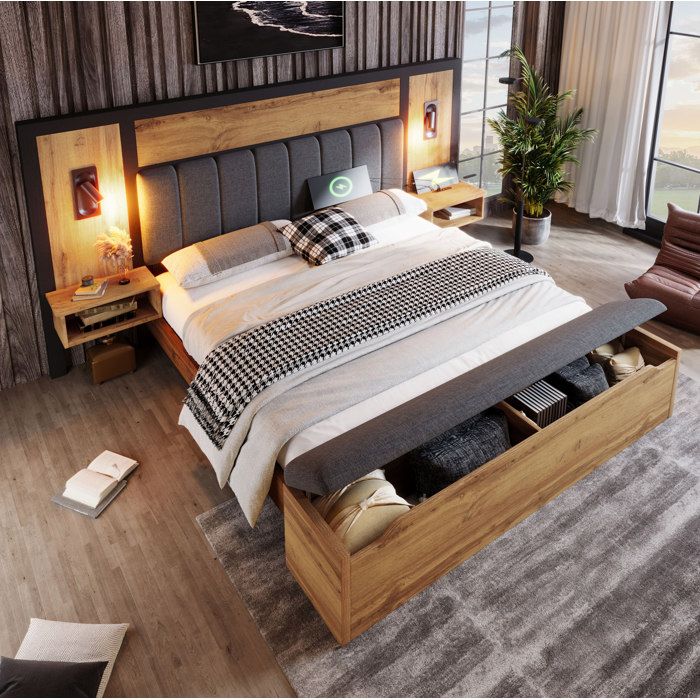 Lit Double Rembourré 160 x 200 cm avec Lampes de Lecture Tables de Chevet USB Type C Banquette Coffre Décor Chêne