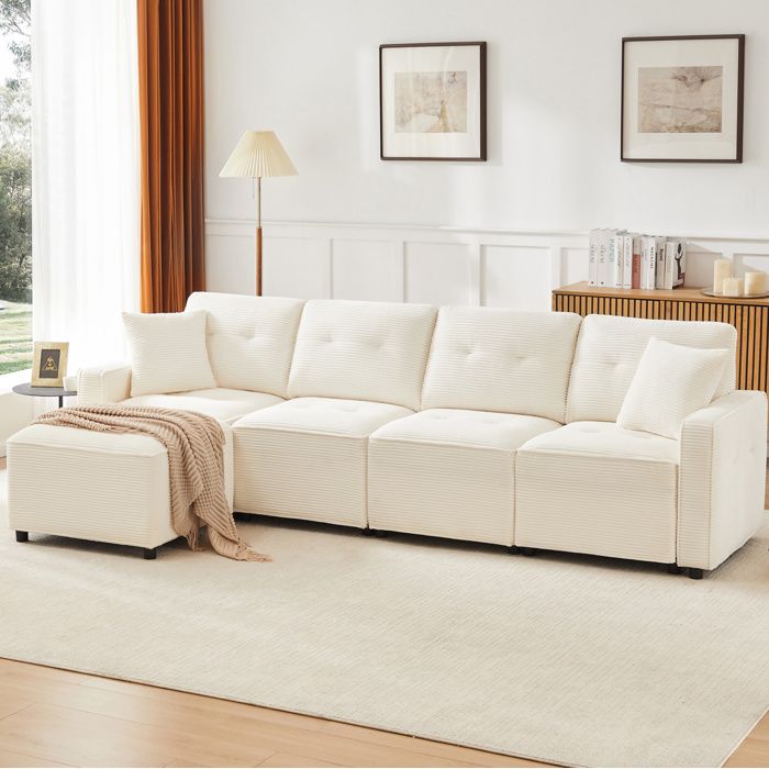 Canapé modulable droit 4 places AESVAR en velours côtelé beige avec pouf libre et rangement sous assise